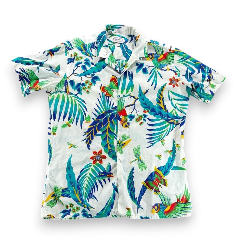 Vintage Mr Witt Hawaiian Shirt Adult LARGE White Parrots Loop Collar USA 80s